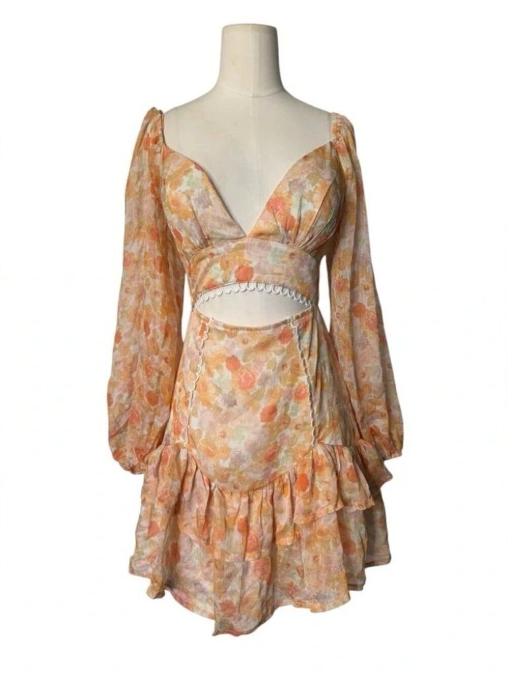 Saints + Secrets Floral Cut-Out Mini Dress Size Small | Puff Sleeve Ruffle Dress - Picture 2 of 8